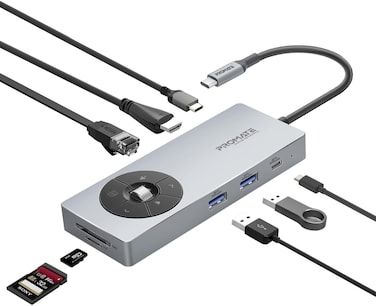 Promate 14-in-1 High Speed Multiport USB-C Hub, Dual 5Gbps USB-C / A Ports, 100W USB-C Power Delivery, 1000Mbps Ethernet Port, 4K@60Hz HDMI Port With Control Button, SD/TF Card Slots Grey