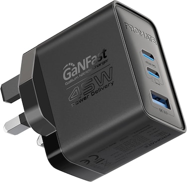 Promate Ultra-Compact Triple Port GaNFast Charger With Dual PD45W USB-C, Super-Fast QC 22.5W USB-A Port, Travel-Friendly Design, And Advanced Protection System - PowerPort-45 UK Black