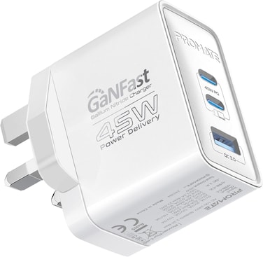 Promate Ultra-Compact Triple Port GaNFast Charger with Dual PD45W USB-C, Super-Fast QC 22.5W USB-A Port, Travel-Friendly Design, And Advanced Protection System - PowerPort-45 UK White