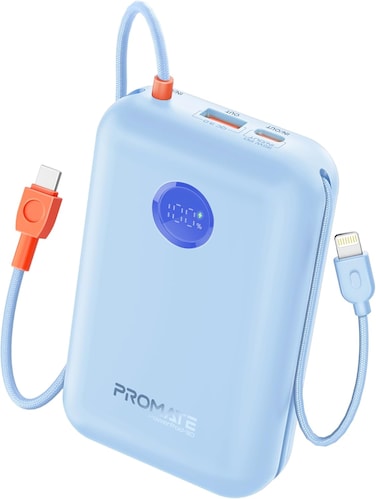 Promate Ultra-Fast 30000mAh Power Bank with Built-In PD35W USB-C And 27W Lightning Cables, PD35W output, 22.5W Qualcomm Quick Charging Technology, Over-Heating Protection &ndash; PowerPod-30 Blue
