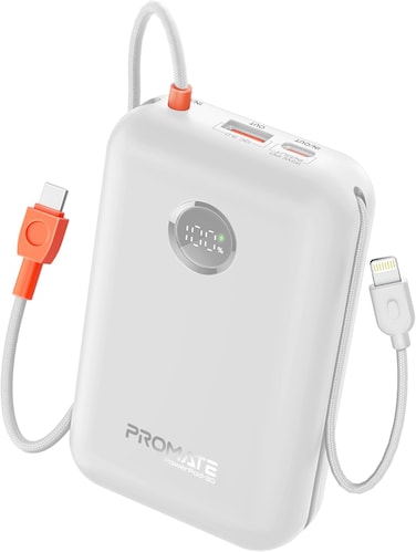 Promate Ultra-Fast 30000mAh Power Bank with Built-In PD35W USB-C And 27W Lightning Cables, PD35W output, 22.5W Qualcomm Quick Charging Technology, Over-Heating Protection &ndash; PowerPod-30 White