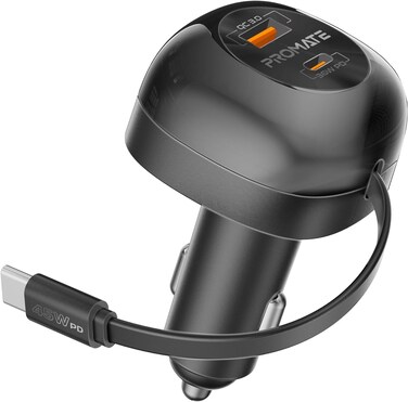 شاحن سيارة بروميت بقوة 62 واط مع كابل USB-C PD قابل للسحب بقوة 45 واط، منفذ USB-C فائق السرعة بتقنية PD بقوة 36 واط، شحن سريع بتقنية كوالكوم 3.0 بقوة 18 واط، تحكم في درجة الحرارة، أسود