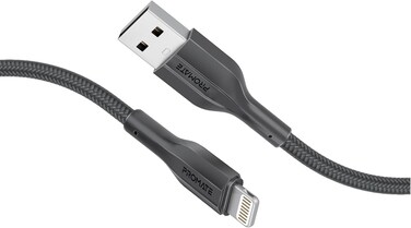 Promate USB-A to Lightning Cable 200cm, High Tensile Strength, Fast Charging &amp; Data Sync, Anti-Tangle Silicone Cord, For Lightning Apple Devices Black
