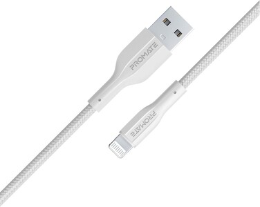Promate USB-A to Lightning Cable 200cm, High Tensile Strength, Fast Charging &amp; Data Sync, Anti-Tangle Silicone Cord, For Lightning Apple Devices White