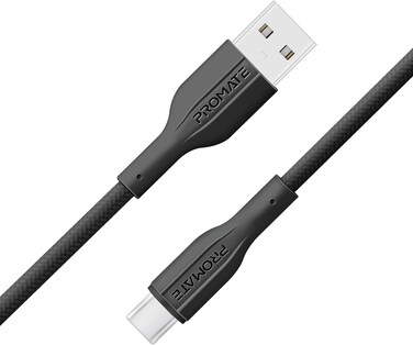 Promate USB To USB-C Cable, 2 Meters Long, Durable Silicone Type-C Charging Cable With 2A Fast Charging And 480 Mbps Data Sync, Designed For Smartphones, iPads, XCord-AC200 Black