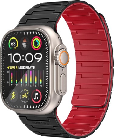 Promate Magnetic Apple Watch Band with Powerful N52+ Magnets, UV-Coated Silicone, Sweat-Resistant, Adjustable Fit, Luxurious Design, MagBand-MS Black
