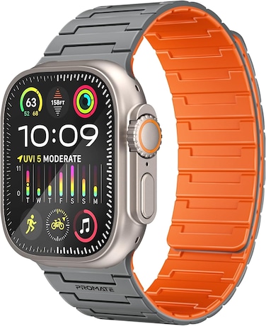 Promate Magnetic Apple Watch Band with Powerful N52+ Magnets, UV-Coated Silicone, Compatible with All Apple Watch Sizes and Series Including Ultra 1&acirc;&euro;&ldquo;2, Sweat-Resistant, MagBand-MS Grey