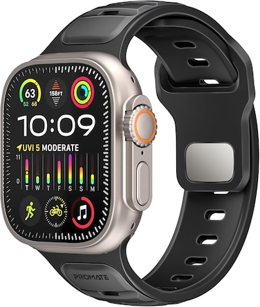 Promate Dual-Colour Apple Watch Band with Dust-Proof UV Treated Surface, Rust-Resistant Stainless-Steel Buckle, Stylish Sporty Design For All Sizes and Series Compatibility, SiliBand-DC Black