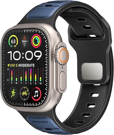 Promate Dual-Colour Apple Watch Band with Dust-Proof UV Treated Surface, Rust-Resistant Stainless-Steel Buckle, Stylish Sporty Design For All Sizes and Series Compatibility, SiliBand-DC Blue