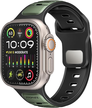 Promate Dual-Colour Apple Watch Band with Dust-Proof UV Treated Surface, Stylish Sporty Design For All Sizes and Series Compatibility, SiliBand-DC Midnight Green