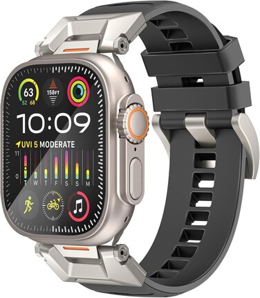 Promate Stylish Mechanical and Sporty Design Apple Watch Band with Flexible Multi-Hole Strap, with All Apple Watch Sizes and Series, Long-Lasting Durability- SilicaBand-Pro Black