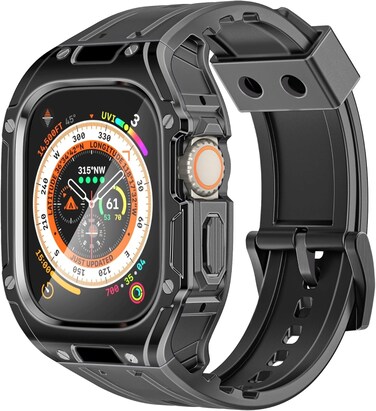 Promate Durable Apple Watch Case and Band with Maximum Protection, Ergonomic Adjustable Fit, and Secure Stainless-Steel Buckle For Apple Watch Ultra 1 And 2 - CaseBand Black