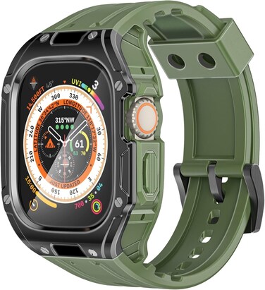 Promate Durable Apple Watch Case and Band with Maximum Protection, Ergonomic Adjustable Fit, and Secure Stainless-Steel Buckle For Apple Watch Ultra 1 And 2 - CaseBand Midnight Green