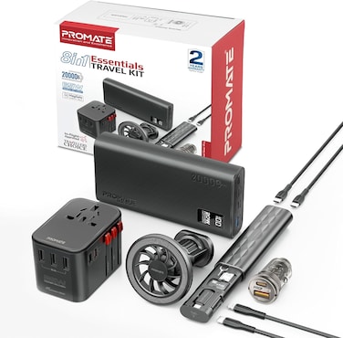 Promate 8 in 1 Portable Travel Kit, 20000mAh Power Bank, 36W Universal AC Adapter, 65W Dual-Output Mini Car Charger, Dual USB-C &amp; Lighting Cables, Magnetic Mount &amp; Accessory Kit POWERGEAR-PRO