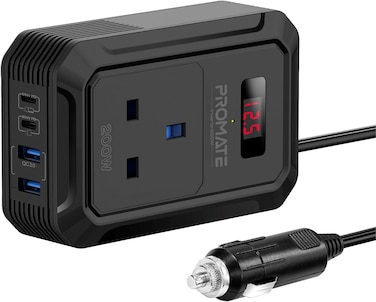 محول طاقة للسيارة من بروميت بقدرة 200 واط، مزود بمنافذ متعددة، منفذي USB-C بقدرة 65 واط و30 واط، منفذي USB-A بقدرة 18 واط، تصميم مقاوم للحريق، وشاشة LCD لعرض البيانات في الوقت الفعلي للشحن المحمول.