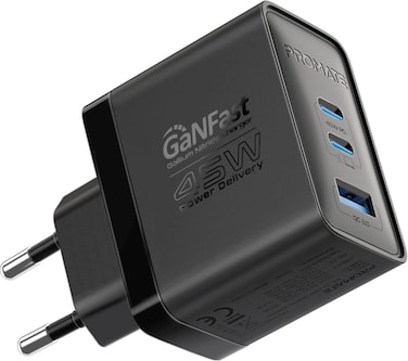Promate GaNFast Charging Adapter With Ultra-Fast Dual PD45W USB-C Ports, QC 22.5W USB-A Port, Multi-Protection System, Compact Travel-Friendly Build, EU Plug Compatibility - PowerPort-45 Black