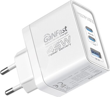Promate GaNFast Charging Adapter With Ultra-Fast Dual PD45W USB-C Ports, QC 22.5W USB-A Port, Multi-Protection System, Compact Travel-Friendly Build, EU Plug Compatibility - PowerPort-45 White