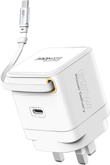 Promate 65W GaNFast Charger With USB-C Port, Built-In Retractable Cable, Surge Protection, Multi-Protect System, Compact Design For Laptops, Tablets, Smartphones, iPhone 17 &amp; S25 Ultra Cubix-R65 White