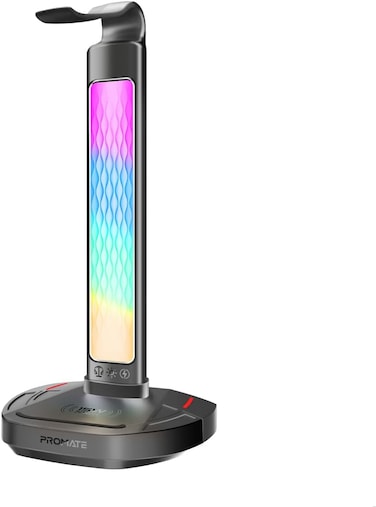 Promate 4-In-1 Multifunctional RGB Headset Stand with 15W Wireless Charger, USB-C and Dual USB-A Ports, Rapid 480Mbps Data Transfer, Vibrant RGB Lighting, Fast USB-C Input, Fort-X Black