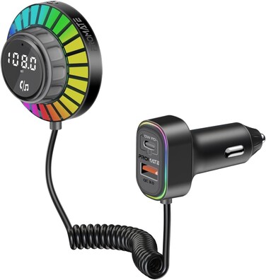 Promate Wireless Radio Car Adapter with AC Vent &amp; Dashboard Compatible 1.5m Built-in Controller, Bluetooth V5.3, PD30W USB-C, QC3.0 Fast Port, Hands-Free Calling, Dynamic RGB Lights,Black