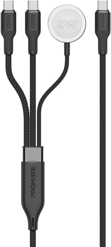 Promate All-In-One USB-C Cord With Ultra-Fast PD100W Charging, Seamless Sync And Charge Support, 140cm Nylon Braided Design, And 480Mbps Data Transfer Speed, Fusion-CCW Black