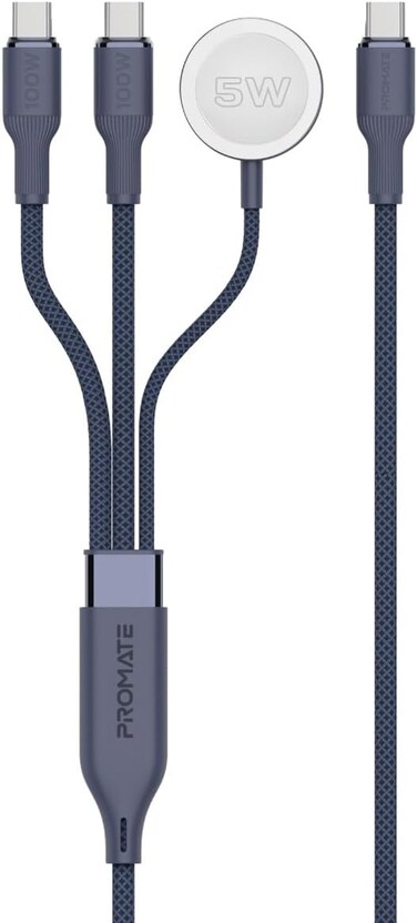 Promate All-In-One USB-C Cord With Ultra-Fast PD100W Charging, Seamless Sync And Charge Support, 140cm Nylon Braided Design, And 480Mbps Data Transfer Speed, Fusion-CCW Blue