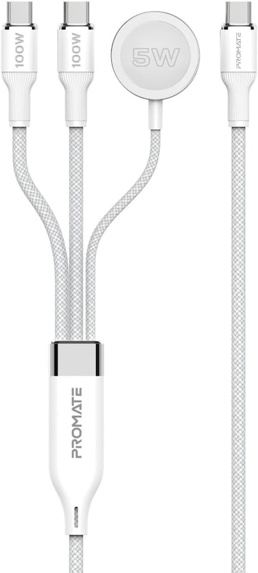 Promate All-In-One USB-C Cord With Ultra-Fast PD100W Charging, Seamless Sync And Charge Support, 140cm Nylon Braided Design, And 480Mbps Data Transfer Speed, Fusion-CCW White
