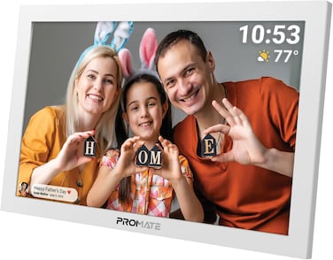 Promate Full HD Digital Photo Frame With 10.1" Touch Screen, Wireless app Control, 16GB Storage, USB/TF Card Support, Dual Speakers, Multi Picture &amp; Video Formats Compatibility, Memoria-10 White