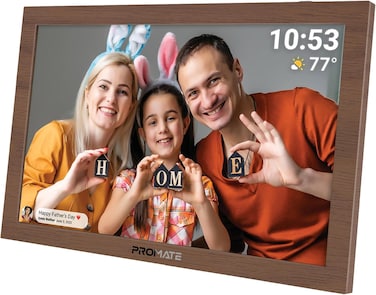Promate Full HD Digital Photo Frame With 10.1" Touch Screen, Wireless app Control, 16GB Storage, USB/TF Card Support, Dual Speakers, Multi Picture &amp; Video Formats Compatibility, Memoria-10 Pine