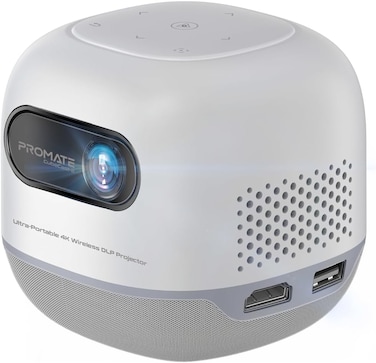 Promate Digital Mini Projector with DLP Technology, Wireless Screen Sharing, HD 720P Resolution, 4K@60Hz Support, USB &amp; HDMI Ports, Auto Keystone Correction, Built-In Speaker -2 White