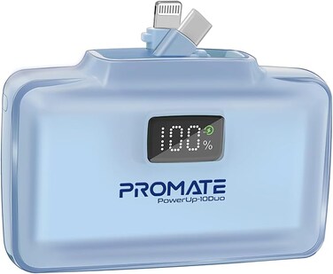Promate 10000mAh Portable Power Bank with Built-In 20W USB-C In/Out Foldable Connector and 20W Lightning Foldable Connector, Fast USB-C Charging Port, LED Display, (Blue)