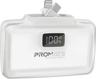 Promate 10000mAh Portable Power Bank with Built-In 20W USB-C In/Out Foldable Connector and 20W Lightning Foldable Connector, Fast USB-C Charging Port, LED Display, PowerUp-10Duo White