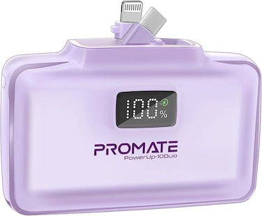 Promate 10000mAh Portable Power Bank With Built-In 20W USB-C In/Out Foldable Connector And 20W Lightning Foldable Connector, Fast USB-C Charging Port, LED Display, (Purple)
