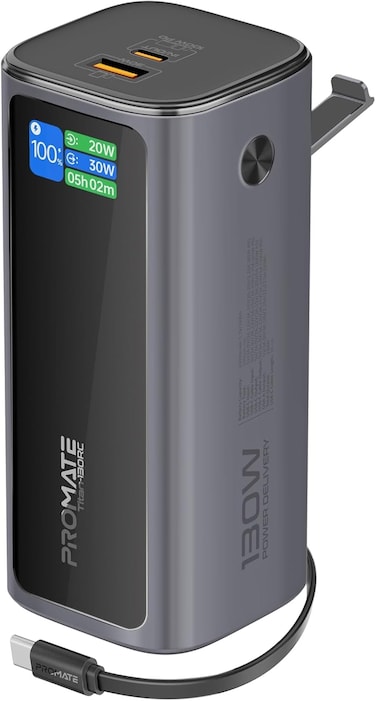 20.000mAh Power Bank,  130W Portable Charger with PD100W USB-C Port, Retractable PD100W USB-C Cable, 30W QC 3.0 Port, Built-in Mobile Stand, Digital Display, Universal Compatibility, Titan-130RC Black