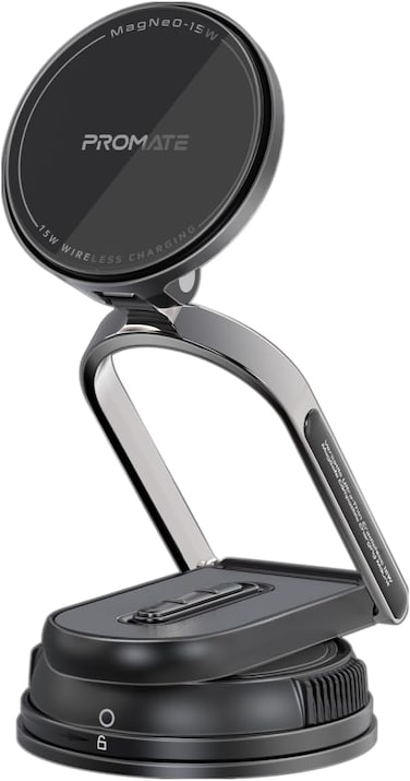 Promate 15W MagSafe-Compatible Wireless Car Charger with Dual Mounting Options, FOD Detection, Locking Mechanism, Quick Alignment, Adjustable Arm, 360 Rotatable Base, MagNeo-15W Black