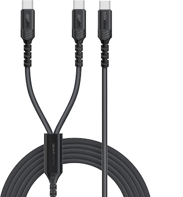 Promate 2-In-1 USB-C Cable With Dual USB-C Connectors, Ultra-Fast PD140W Charging, PD3.1 Support, 480Mbps Data Transfer, 1.4m Braided Durable Cable, Broad Compatibility, PowerLink-3C Black