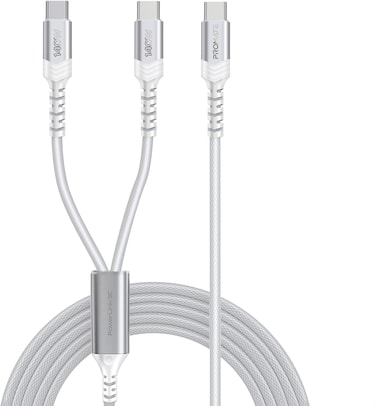 Promate 2-In-1 USB-C Cable With Dual USB-C Connectors, Ultra-Fast PD140W Charging, PD3.1 Support, 480Mbps Data Transfer, 1.4m Braided Durable Cable, Broad Compatibility, PowerLink-3C White