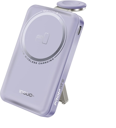 Promate Mavrix-3 10000mAh MagSafe Wireless Power Bank With Apple Watch Charger, 15W MagSafe, 20W USB-C PD, Kickstand &amp; Strong N52 Magnets &ndash; Ultra-Compact Travel-Safe Charging Station Purple