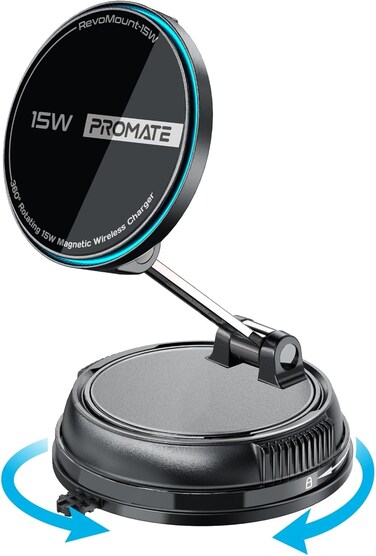 Promate Fast Wireless Charger Mount For MagSafe iPhones, Magnetic Car Phone Holder with 360 Rotation, 16N Strong Grip, Dual USB-C, Foldable Design, Durable Zinc Alloy - Black