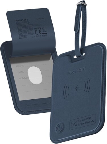Promate HushTag Smart Leather Luggage Tag with Apple Find My Tracker, RFID Protection, Wireless Charging, 90DB Alert, 6-Month Battery, Slim Durable Design, Bluetooth 5.2 For Apple Devices Only - Black