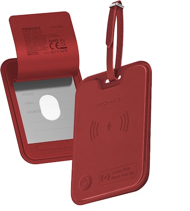 Promate HushTag Smart Leather Luggage Tag with Apple Find My Tracker, RFID Protection, Wireless Charging, 90DB Alert, 6-Month Battery, Slim Durable Design, Bluetooth 5.2 , Burgundy Red