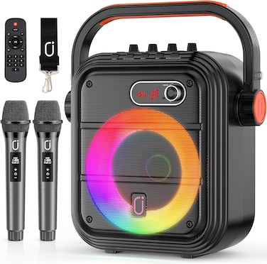 JYX Karaoke Machine with 2 Wireless Microphones, Portable Bluetooth Speaker with RGB Lights, Supports TF/USB, AUX, FM, REC, TWS &ndash; Perfect Karaoke System for Parties, PA System for Adults/Kids