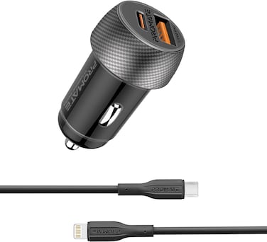 شاحن سيارة بروميت درايف جير-PD33Ci بقوة 33 واط بتقنية USB-C Power Delivery مع منفذي شحن سريع QC 3.0 بقوة 18 واط، تصميم صغير الحجم، حماية من الحرارة الزائدة، منفذي USB-C وUSB-A - أسود