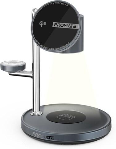 Promate Synergy-3 4-in-1 QI2 Certified MagSafe Charging Station, 15W Wireless For iPhone 12 to16, Apple/Samsung Watch, AirPods, w/ Night Lamp, Magnetic Ring, Zinc Alloy, 25.5W Total Output - Black