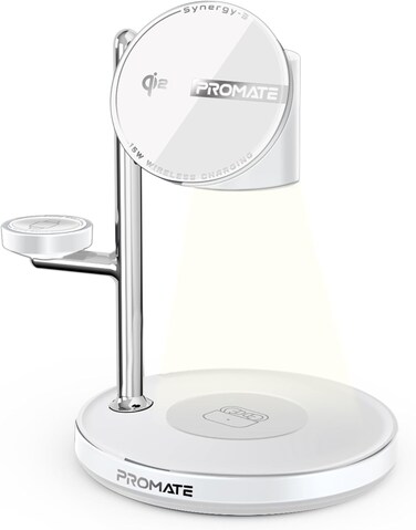 Promate Synergy-3 4-in-1 Qi2 Certified MagSafe Charging Station, 15W Wireless For iPhone 12 to 16, Apple/Samsung Watch, AirPods, w/ Night Lamp, Magnetic Ring, Zinc Alloy, 25.5W Total Output - White