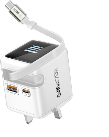 شاحن بروميت كيوبكس-آر70 بقوة 70 واط بتقنية GaNFast، مزود بكابل USB-C قابل للسحب بطول 80 سم، ومنفذي USB-C بتقنية PD بقوة 70 واط،وشاشة TFT ذكية مقاس 1.14 بوصة، وقابس بريطاني،أبيض