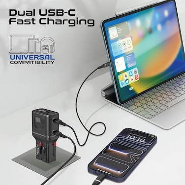 Promate TriPlug-65PD 65W GaNFast Travel Charger, Dual USB-C PD with PPS, Compact Multi-Port Adapter with 45W+20W Split Charging, Slide-Out US/UK/EU/AU Plugs, Universal Laptop &amp; Smartphone