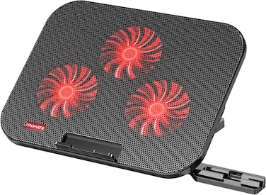 Promate AirBase-2 Laptop Cooling Pad with 3 Silent Cooling Fans, Adjustable Ergonomic Height Stand, Dual USB-C Connectivity, Integrated Phone Holder, LED Lighting, Metal Mesh Design for Laptops