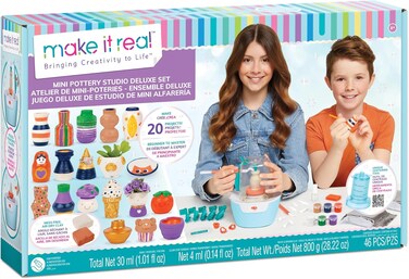Make It Real Real: Mini Pottery Studio Deluxe Set - 46 Pcs DIY Kit, Mess Free Air Dry Clay, 20 Projects, Tweens, Girls &amp; Kids Ages 8+