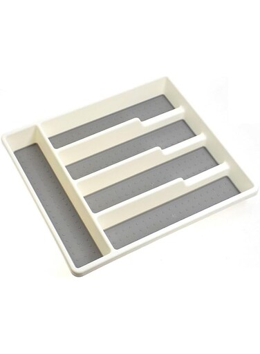 Cutlery Divider &amp; Multi-purpose Draw Organiser Plastic, Cutlery Tray, Utensil Drawer, Drawer Storage, Draw Utensil Rack Off White (5 Compartments)